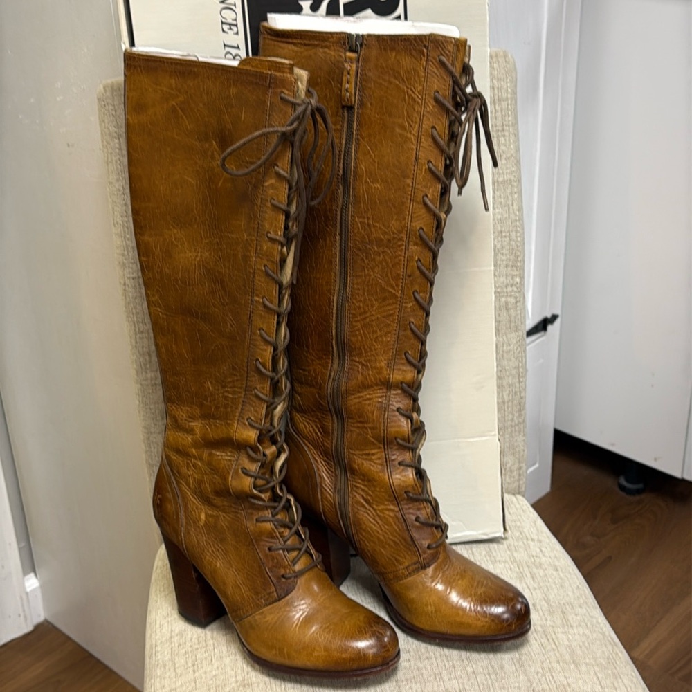 FRYE parker lace up leather tall heeled boots size 9🎀UNICORN 🎀